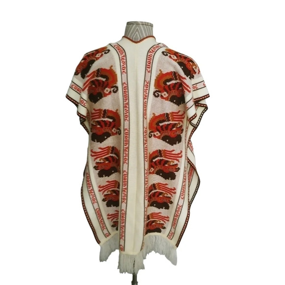 Vintage Intarsia Knit Cuauhtemoc Aztec  Fringed Poncho Beige/Orange/Brown - Picture 9 of 9